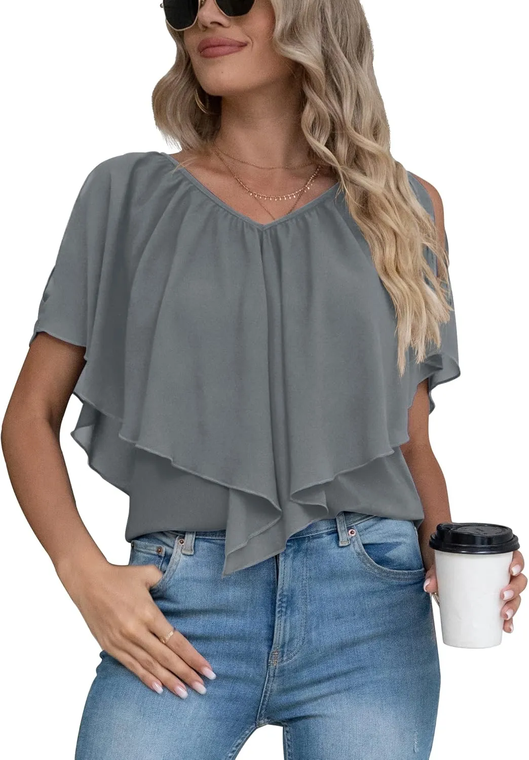 Jouica Woman's Summer Cold Shoulder Chiffon Tank Tops Sleeveless Ruffled Flowy Blouse for Women