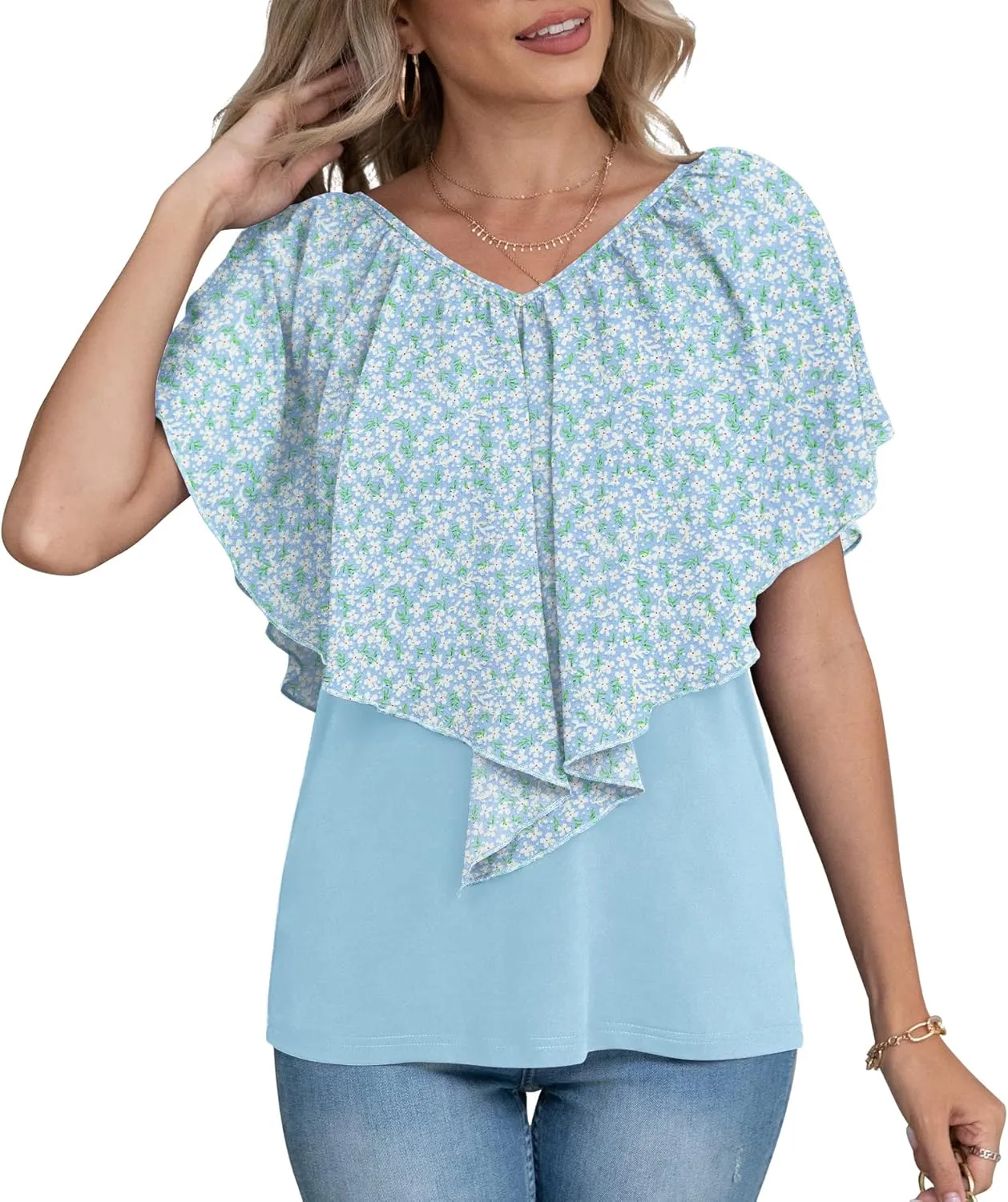 Jouica Woman's Summer Cold Shoulder Chiffon Tank Tops Sleeveless Ruffled Flowy Blouse for Women