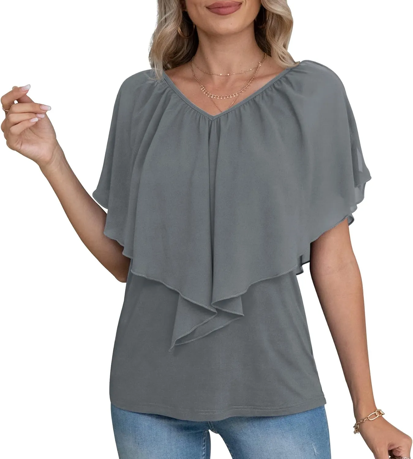 Jouica Woman's Summer Cold Shoulder Chiffon Tank Tops Sleeveless Ruffled Flowy Blouse for Women