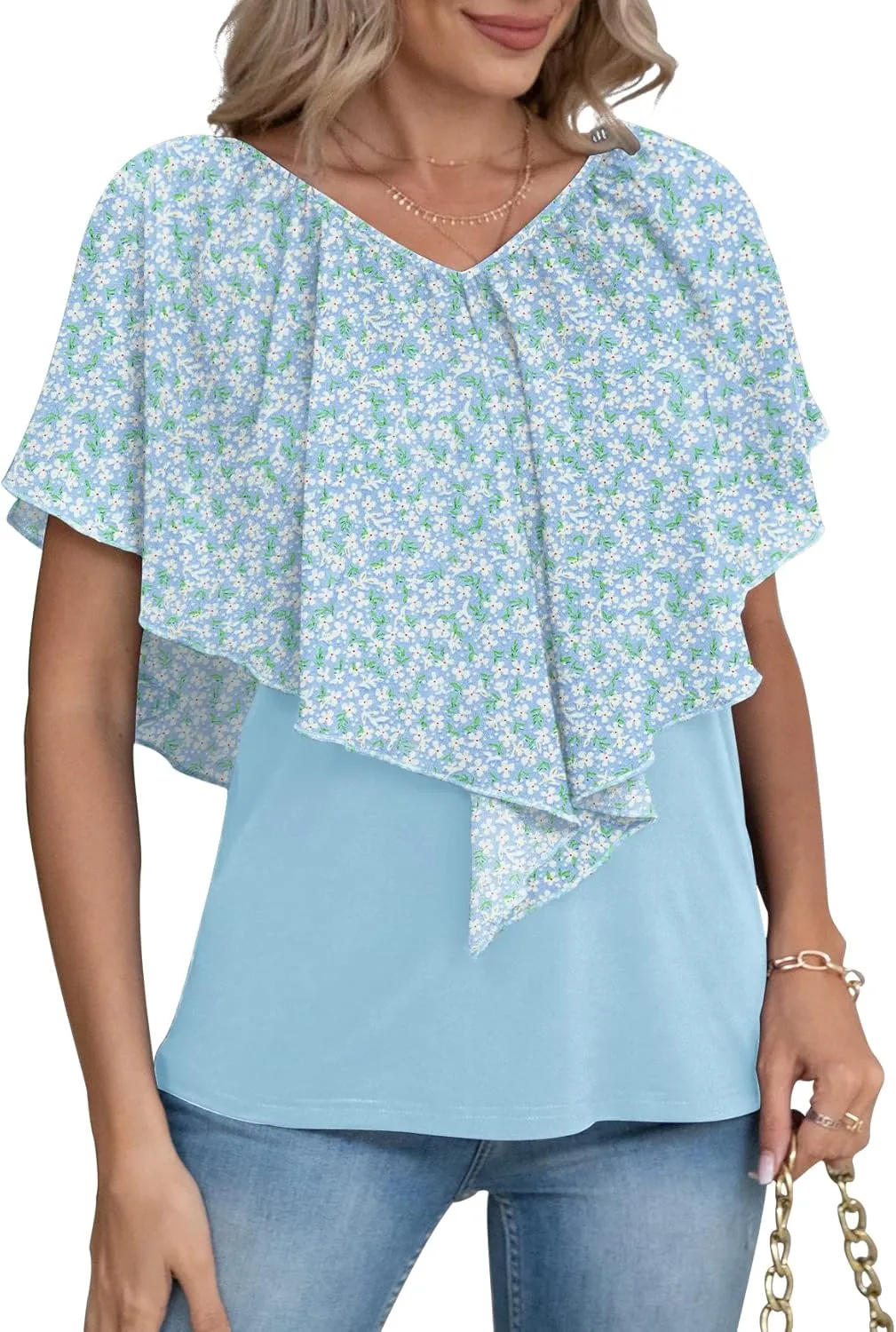 Jouica Woman's Summer Cold Shoulder Chiffon Tank Tops Sleeveless Ruffled Flowy Blouse for Women
