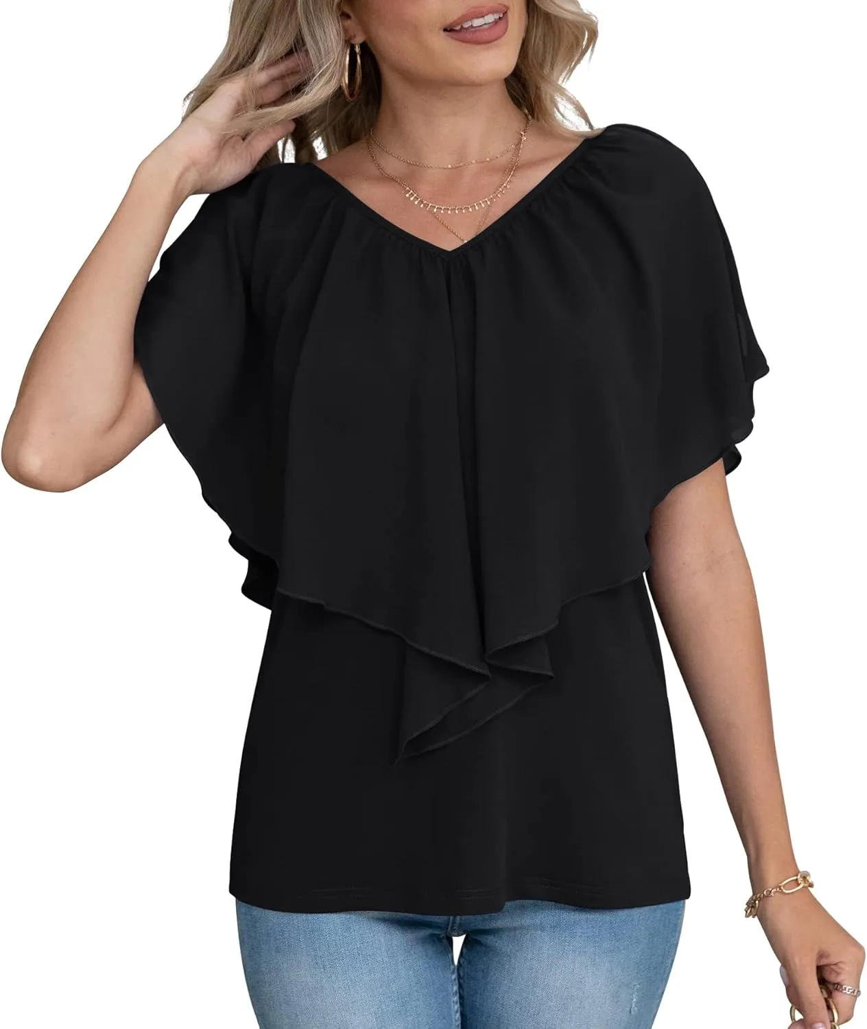 Jouica Woman's Summer Cold Shoulder Chiffon Tank Tops Sleeveless Ruffled Flowy Blouse for Women