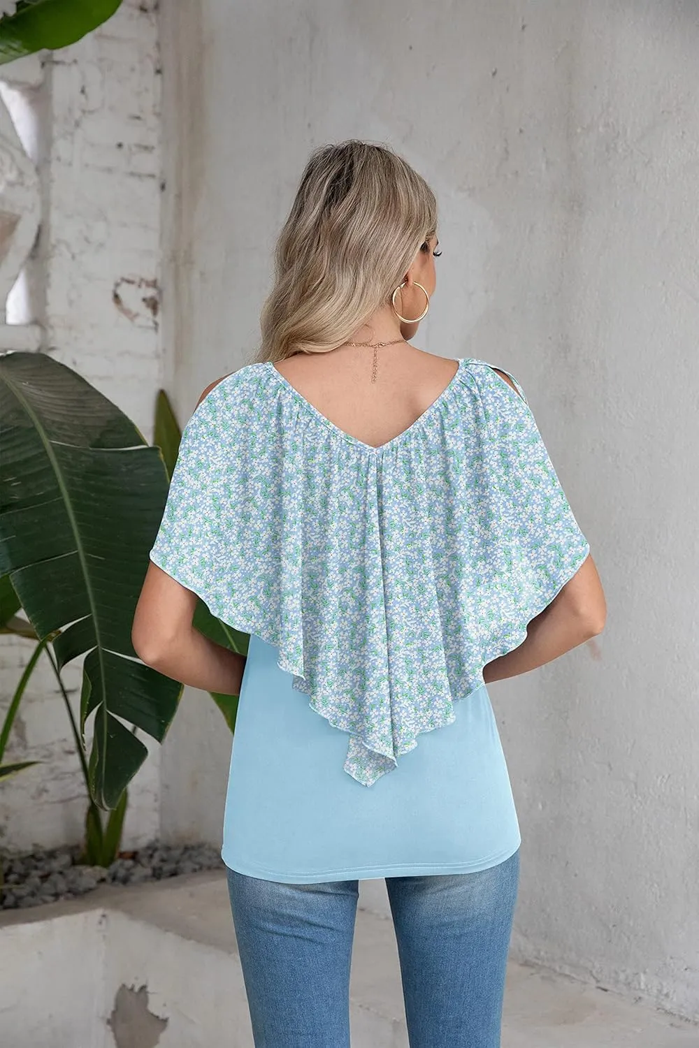 Jouica Woman's Summer Cold Shoulder Chiffon Tank Tops Sleeveless Ruffled Flowy Blouse for Women