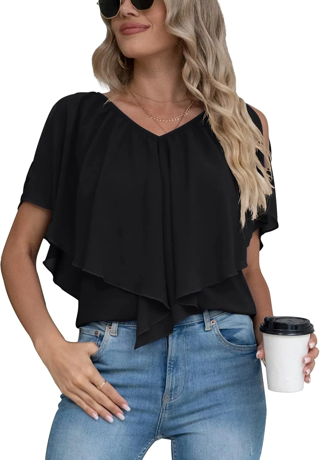 Jouica Woman's Summer Cold Shoulder Chiffon Tank Tops Sleeveless Ruffled Flowy Blouse for Women