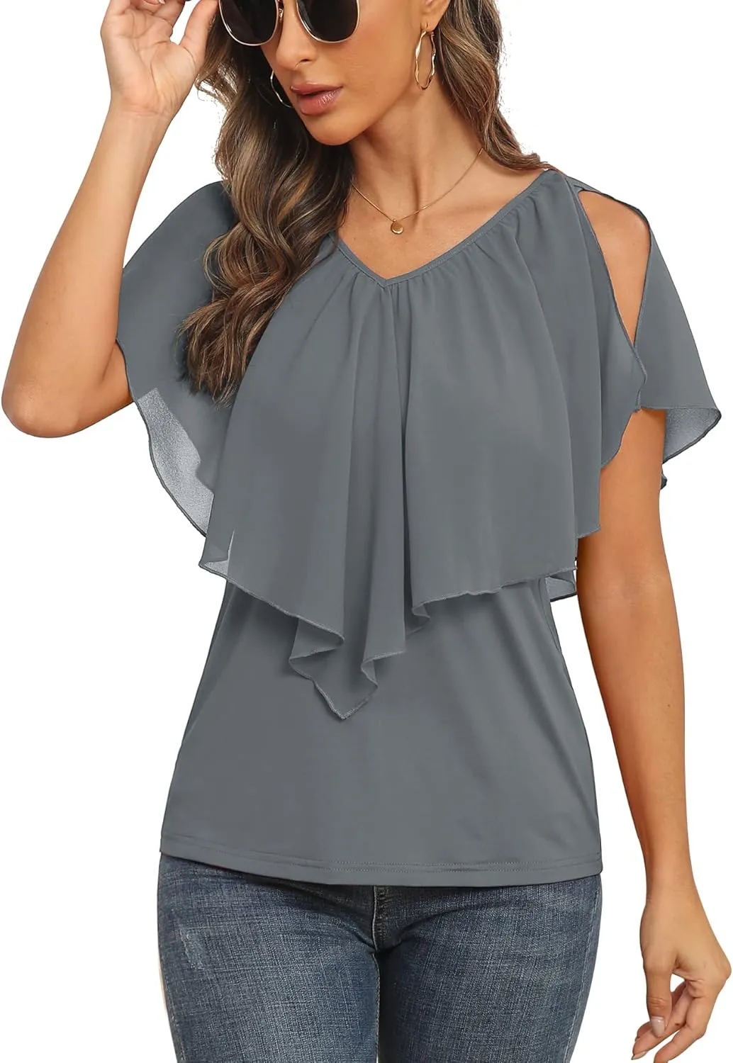 Jouica Woman's Summer Cold Shoulder Chiffon Tank Tops Sleeveless Ruffled Flowy Blouse for Women