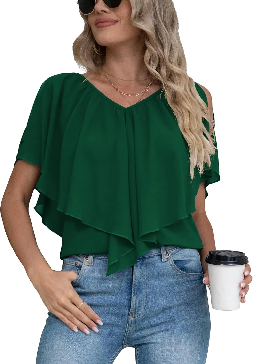 Jouica Woman's Summer Cold Shoulder Chiffon Tank Tops Sleeveless Ruffled Flowy Blouse for Women
