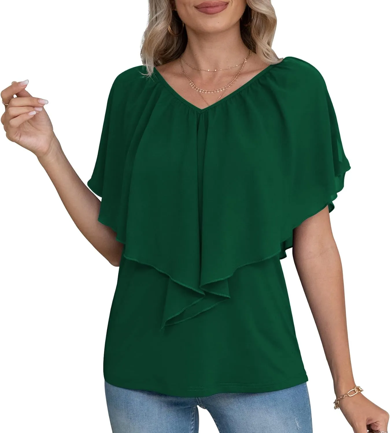 Jouica Woman's Summer Cold Shoulder Chiffon Tank Tops Sleeveless Ruffled Flowy Blouse for Women