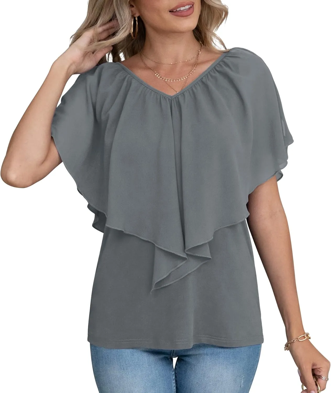 Jouica Woman's Summer Cold Shoulder Chiffon Tank Tops Sleeveless Ruffled Flowy Blouse for Women