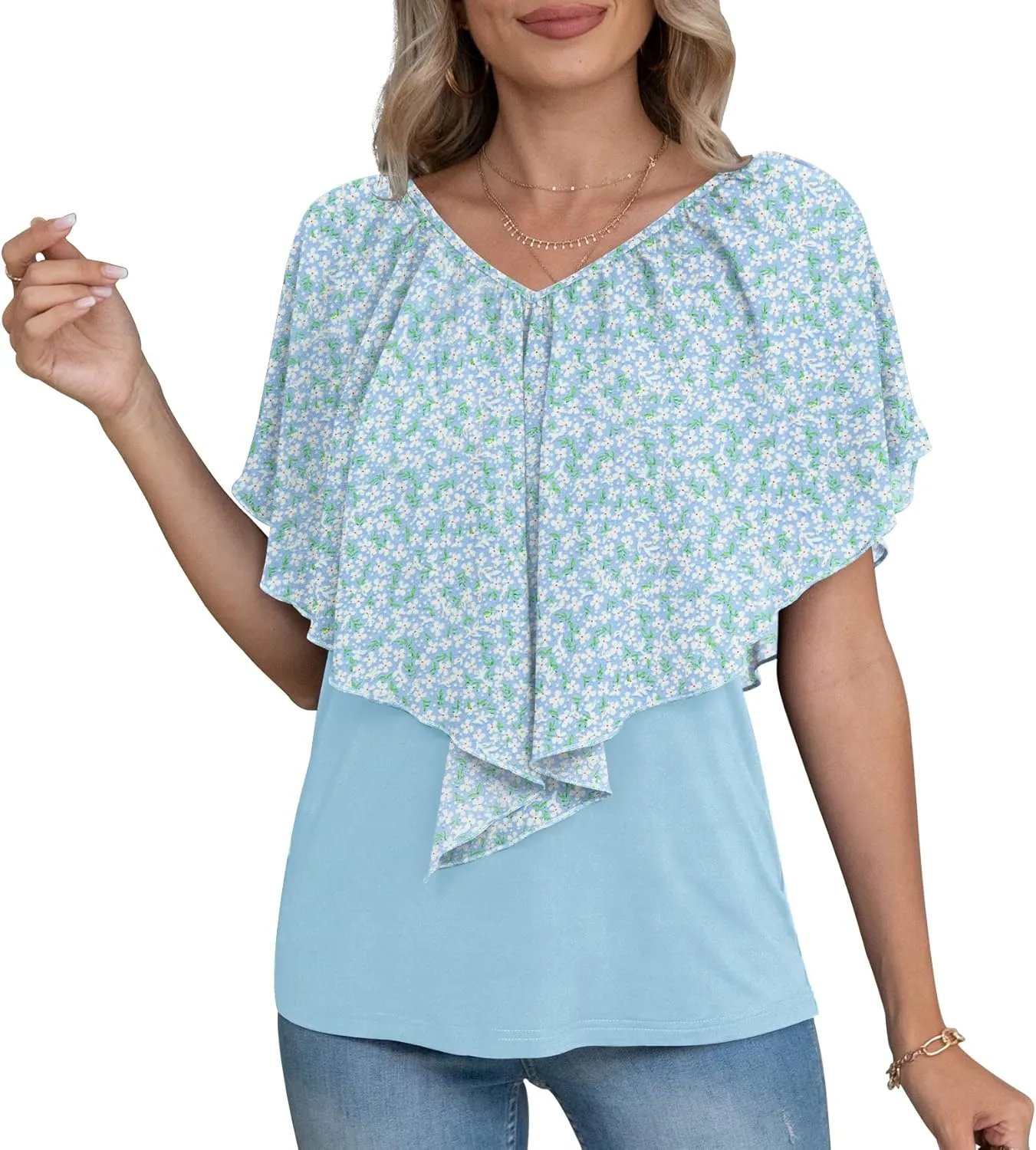Jouica Woman's Summer Cold Shoulder Chiffon Tank Tops Sleeveless Ruffled Flowy Blouse for Women