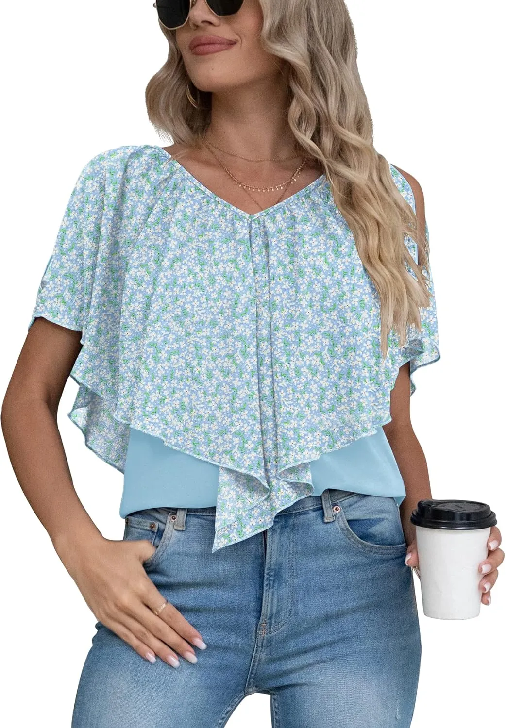 Jouica Woman's Summer Cold Shoulder Chiffon Tank Tops Sleeveless Ruffled Flowy Blouse for Women