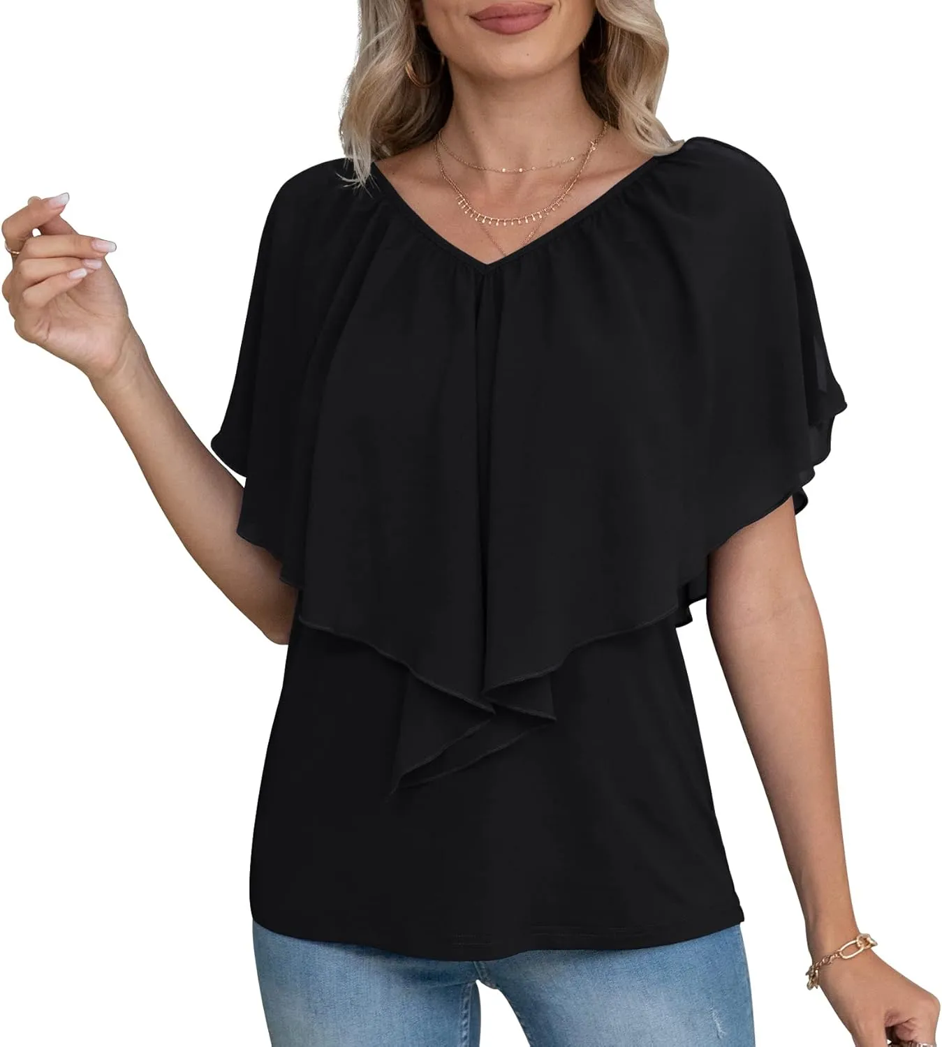 Jouica Woman's Summer Cold Shoulder Chiffon Tank Tops Sleeveless Ruffled Flowy Blouse for Women