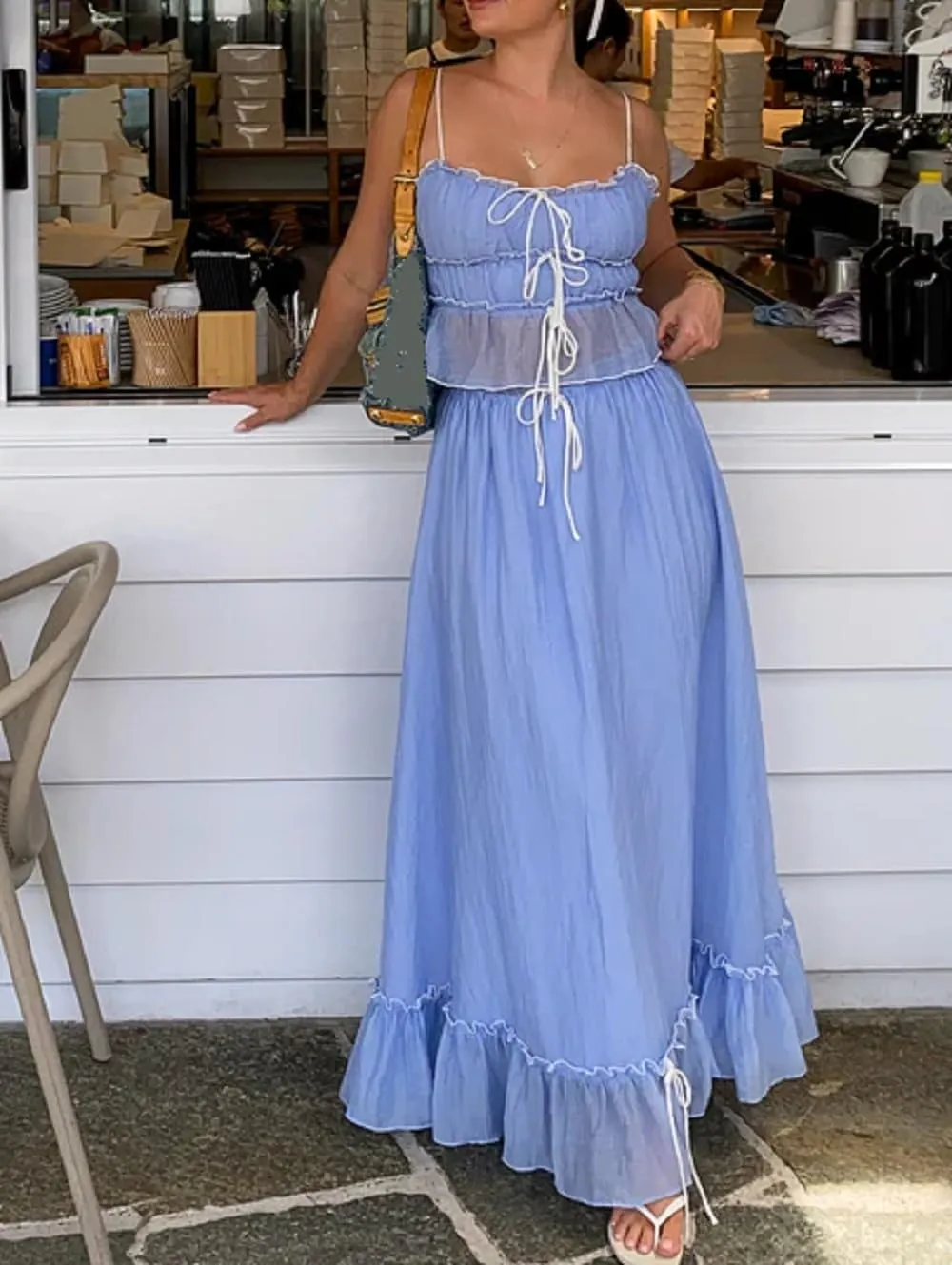 Juakoso Women Y2K 2 Piece Long Skirt Sets Low Cut Sleeveless Tops Flowy Ruffle Maxi Skirt Going Out Outfits Beachwear