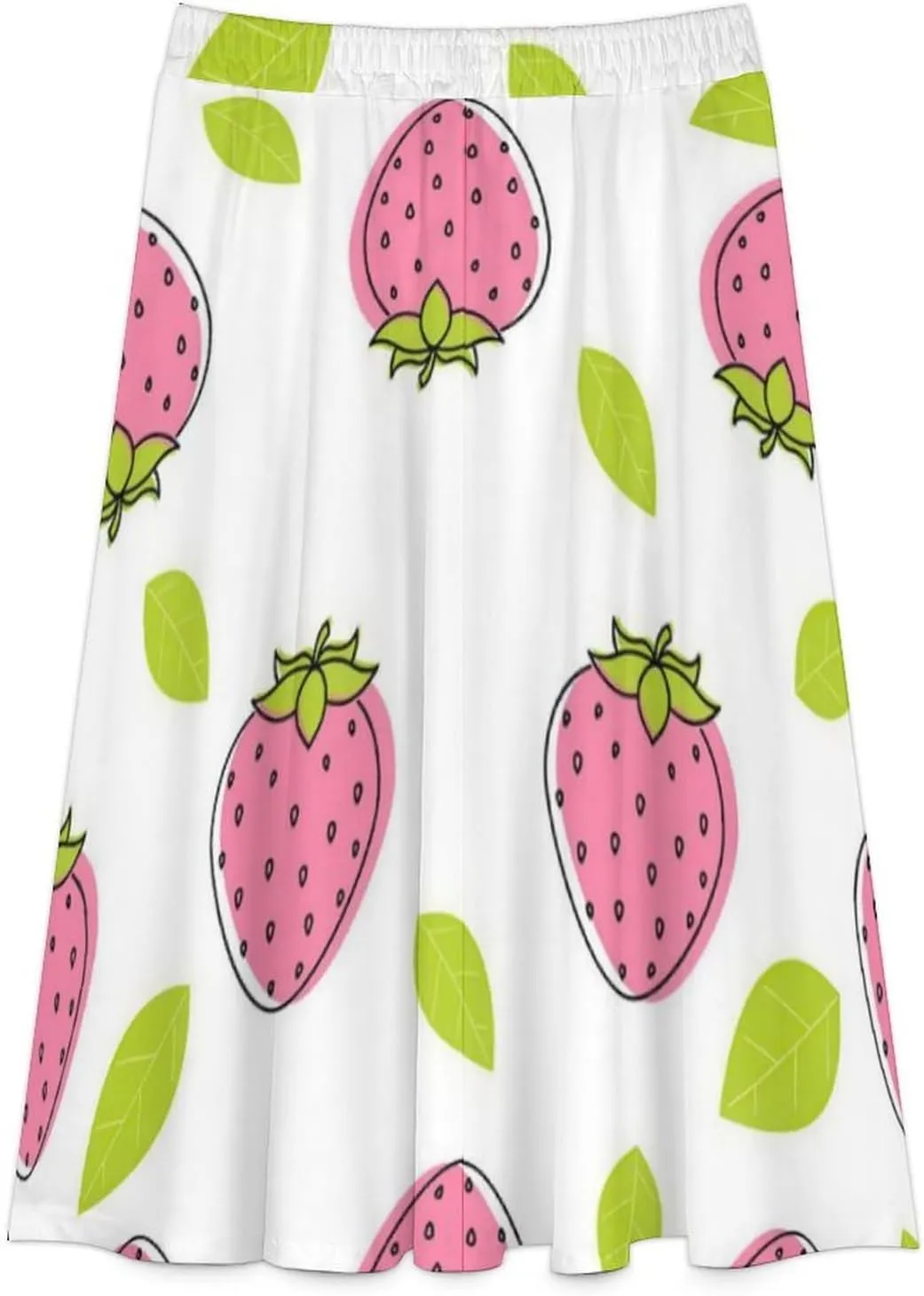 Kawaii Pink Strawberry Print Midi Skirts High Elastic Waist Ruffling Bohemia Summer Skirts