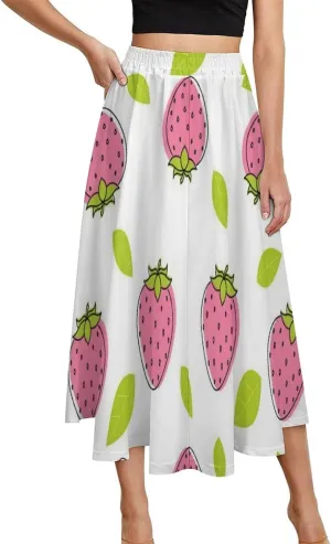 Kawaii Pink Strawberry Print Midi Skirts High Elastic Waist Ruffling Bohemia Summer Skirts