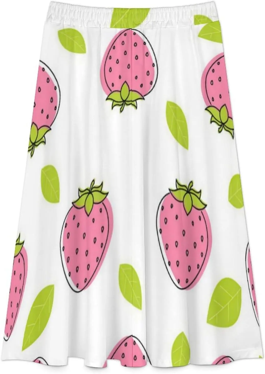 Kawaii Pink Strawberry Print Midi Skirts High Elastic Waist Ruffling Bohemia Summer Skirts