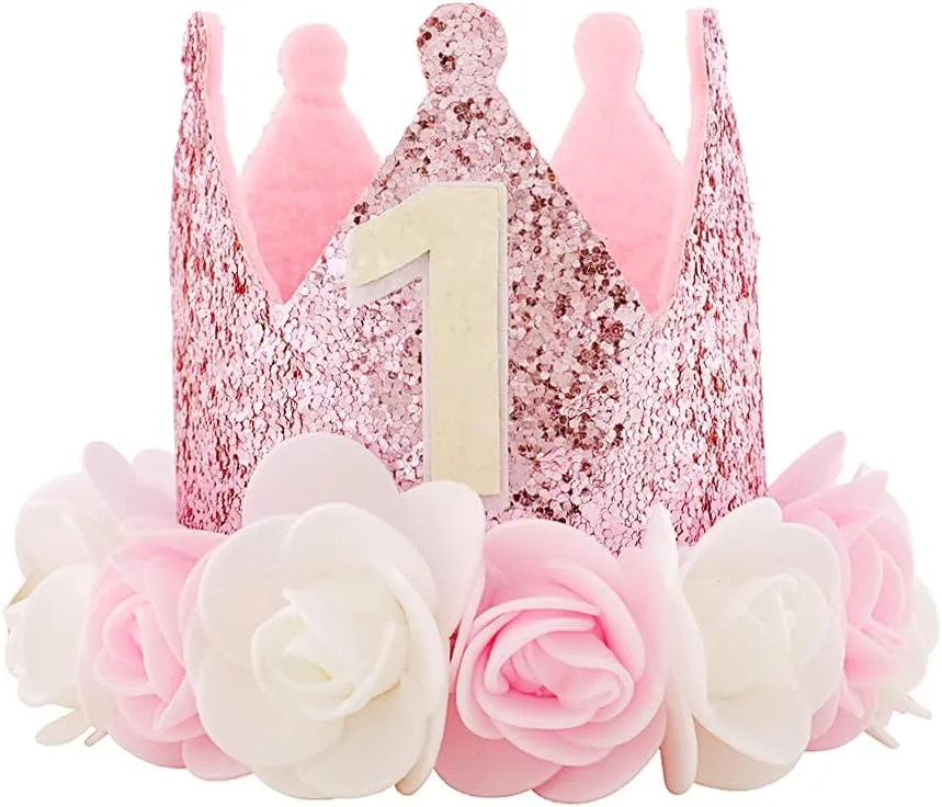 Kbrand Hat First Birthday 1st For Baby Girl Decoration Gifts Rose Gold Baby Pink Party Crown One Year Old Flowers Princess Pink 3inch