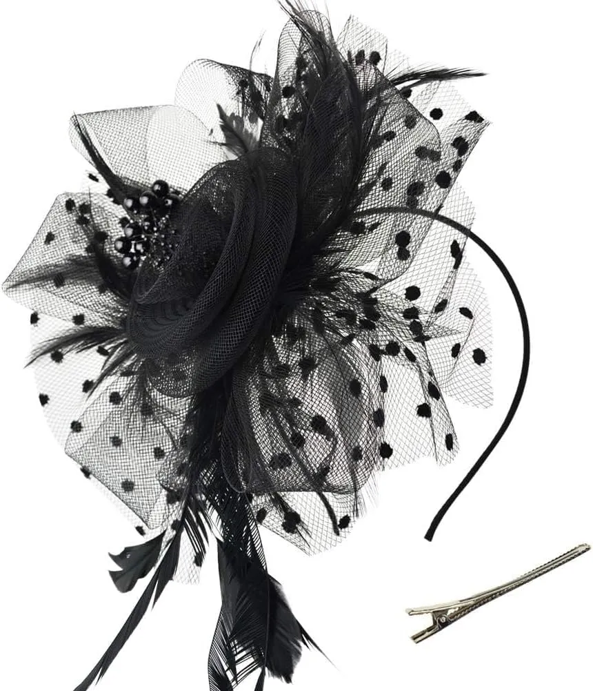 Kentucky Fascinators Hats for Women, Tea Party Headwear Mesh Flower Feather Headband & Hair Clip for Cocktail