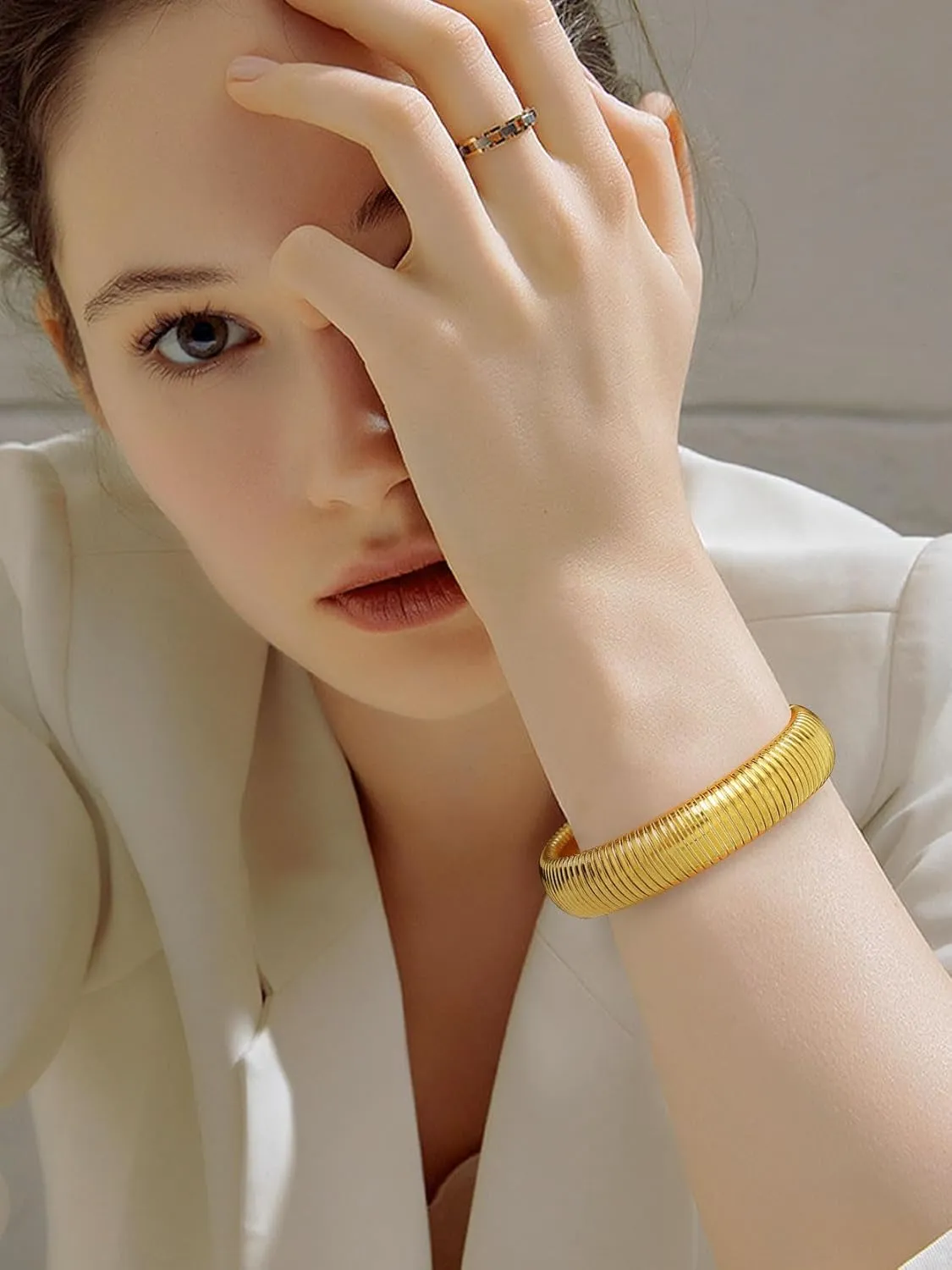 KeyStyle Bangle Bracelets for Women, Stainless Steel Stretch Bracelet Flexible Wide Link Chain Gold Wristband GoldChic Twisted Jewelry, 10mm, 16mm, 20mm
