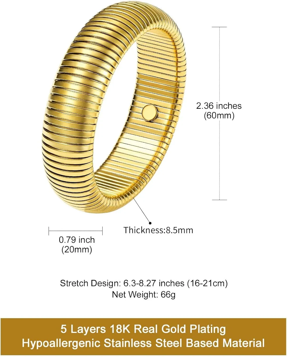 KeyStyle Bangle Bracelets for Women, Stainless Steel Stretch Bracelet Flexible Wide Link Chain Gold Wristband GoldChic Twisted Jewelry, 10mm, 16mm, 20mm