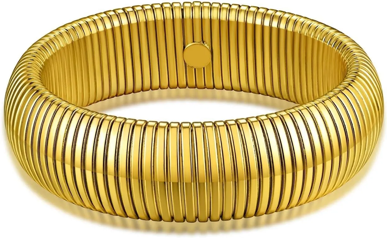 KeyStyle Bangle Bracelets for Women, Stainless Steel Stretch Bracelet Flexible Wide Link Chain Gold Wristband GoldChic Twisted Jewelry, 10mm, 16mm, 20mm