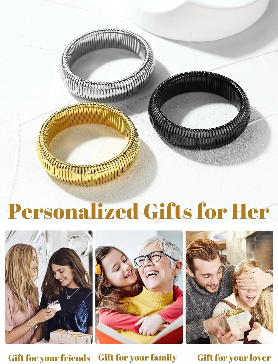 KeyStyle Bangle Bracelets for Women, Stainless Steel Stretch Bracelet Flexible Wide Link Chain Gold Wristband GoldChic Twisted Jewelry, 10mm, 16mm, 20mm