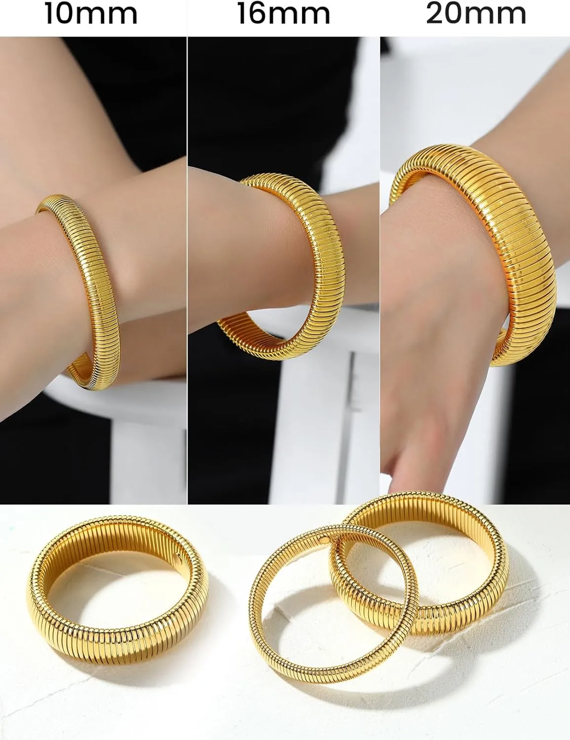 KeyStyle Bangle Bracelets for Women, Stainless Steel Stretch Bracelet Flexible Wide Link Chain Gold Wristband GoldChic Twisted Jewelry, 10mm, 16mm, 20mm