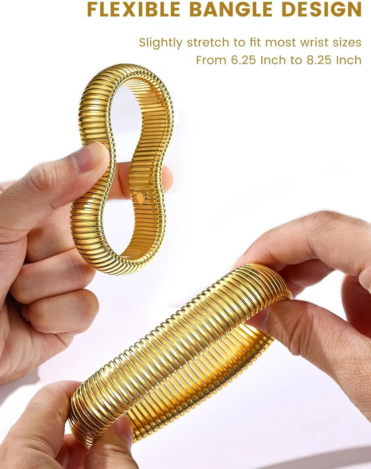 KeyStyle Bangle Bracelets for Women, Stainless Steel Stretch Bracelet Flexible Wide Link Chain Gold Wristband GoldChic Twisted Jewelry, 10mm, 16mm, 20mm
