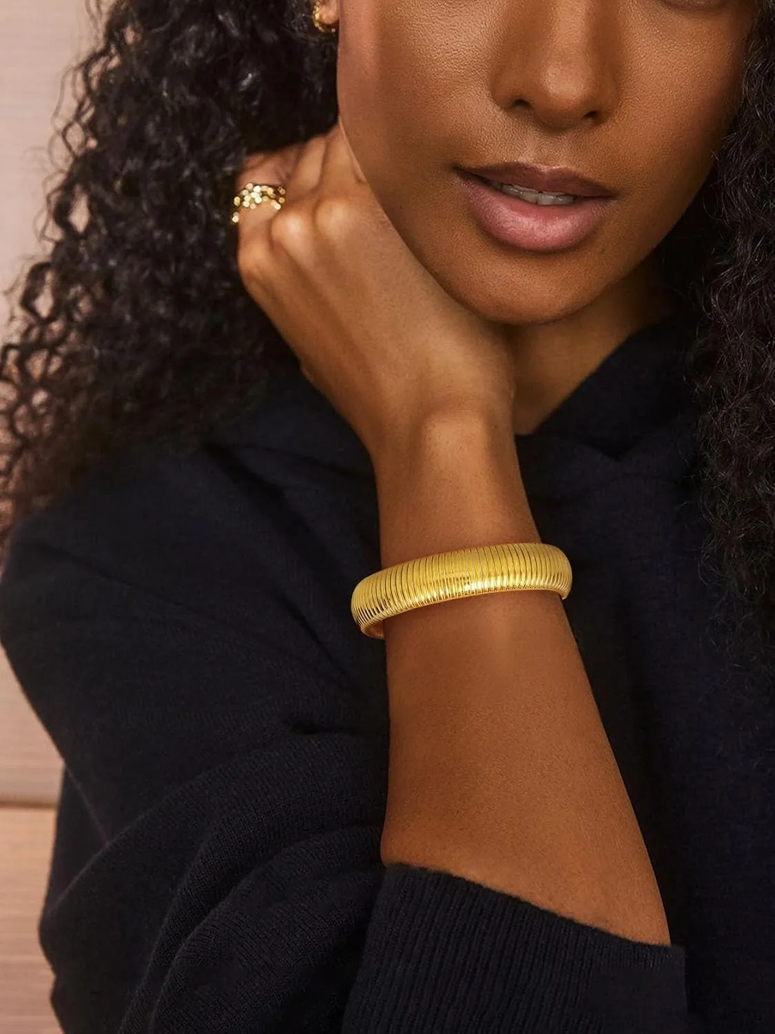 KeyStyle Bangle Bracelets for Women, Stainless Steel Stretch Bracelet Flexible Wide Link Chain Gold Wristband GoldChic Twisted Jewelry, 10mm, 16mm, 20mm