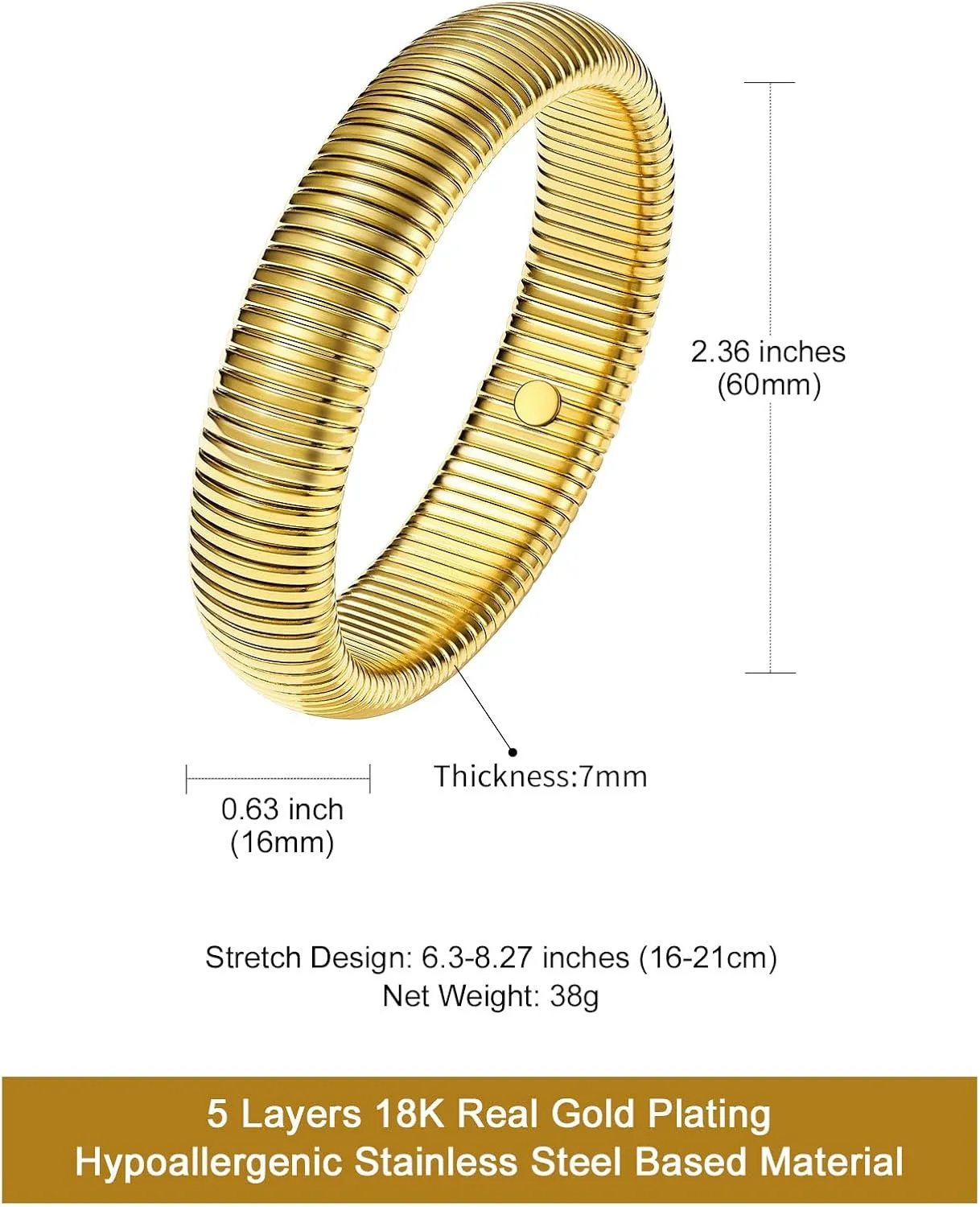 KeyStyle Bangle Bracelets for Women, Stainless Steel Stretch Bracelet Flexible Wide Link Chain Gold Wristband GoldChic Twisted Jewelry, 10mm, 16mm, 20mm
