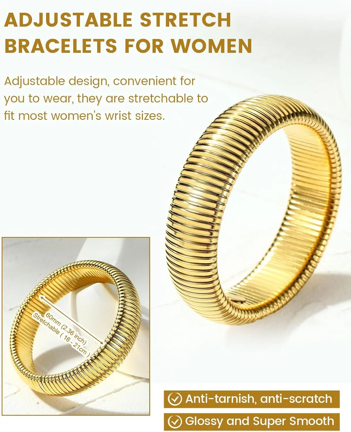 KeyStyle Bangle Bracelets for Women, Stainless Steel Stretch Bracelet Flexible Wide Link Chain Gold Wristband GoldChic Twisted Jewelry, 10mm, 16mm, 20mm