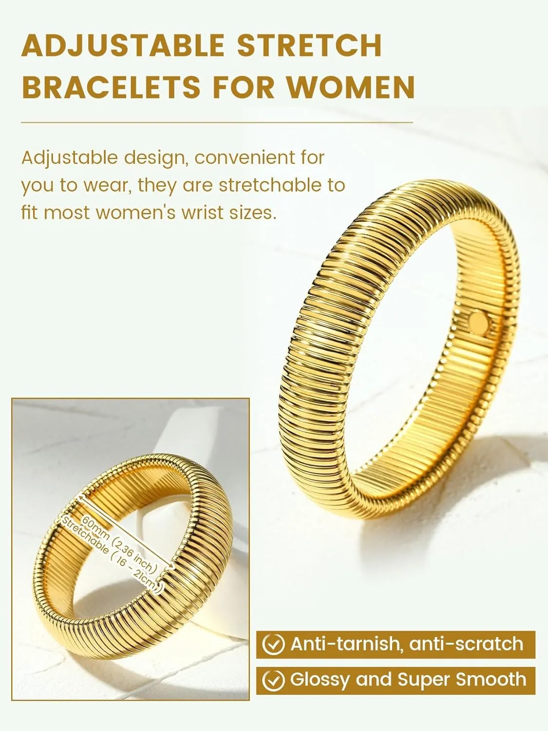 KeyStyle Bangle Bracelets for Women, Stainless Steel Stretch Bracelet Flexible Wide Link Chain Gold Wristband GoldChic Twisted Jewelry, 10mm, 16mm, 20mm