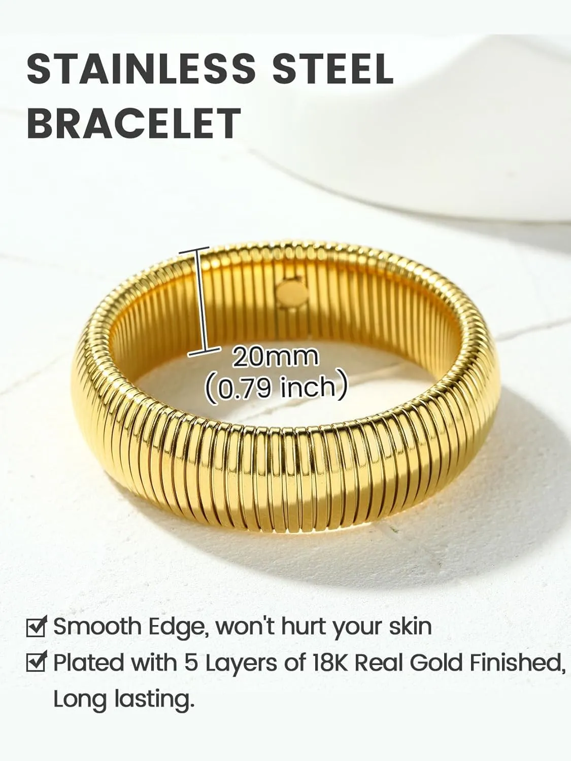KeyStyle Bangle Bracelets for Women, Stainless Steel Stretch Bracelet Flexible Wide Link Chain Gold Wristband GoldChic Twisted Jewelry, 10mm, 16mm, 20mm