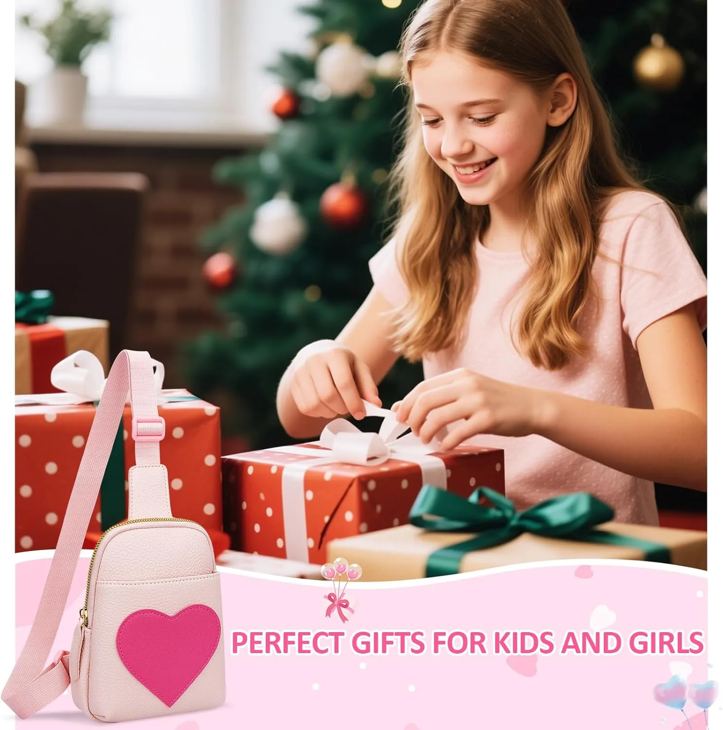 KKXIU Girls Sling Crossbody Bag Heart Initial Chest Bag Pink Mini Fanny Pack Personalized Gift for Kids Children