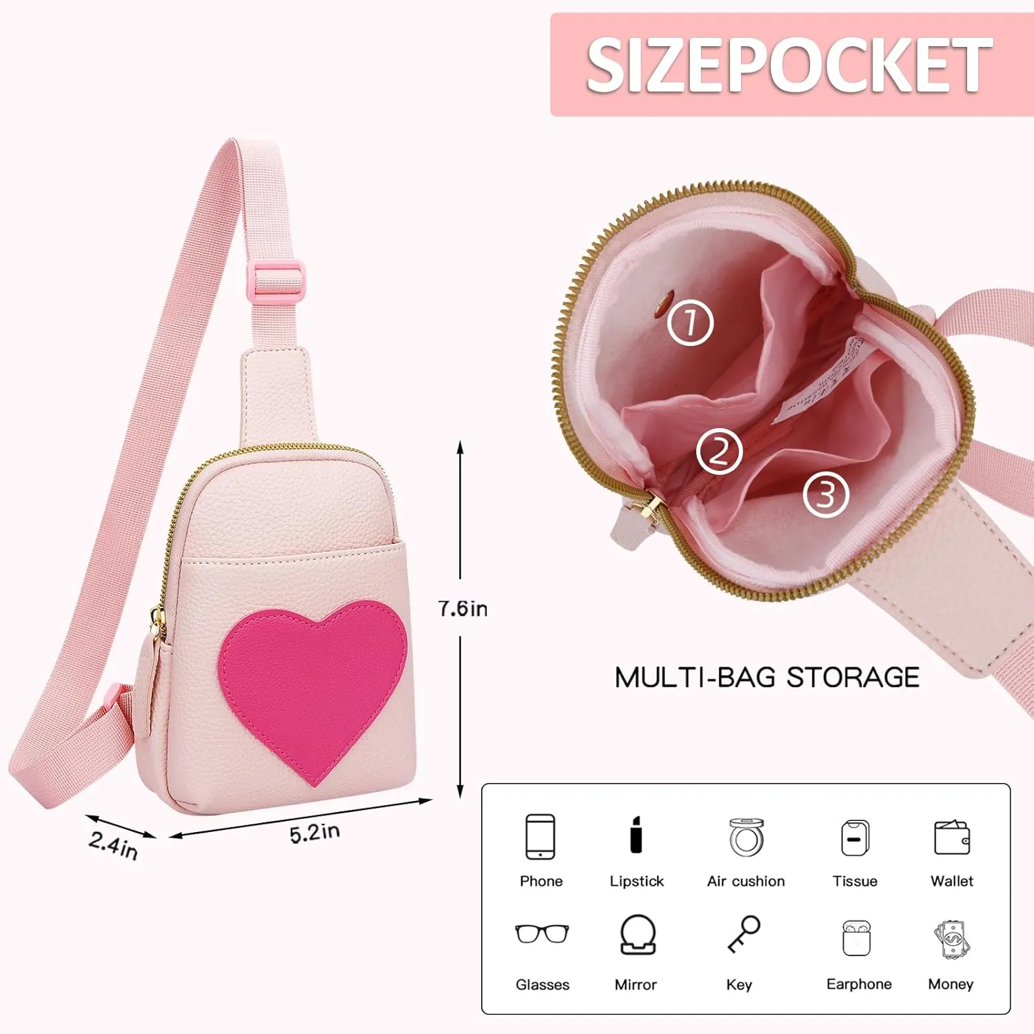 KKXIU Girls Sling Crossbody Bag Heart Initial Chest Bag Pink Mini Fanny Pack Personalized Gift for Kids Children