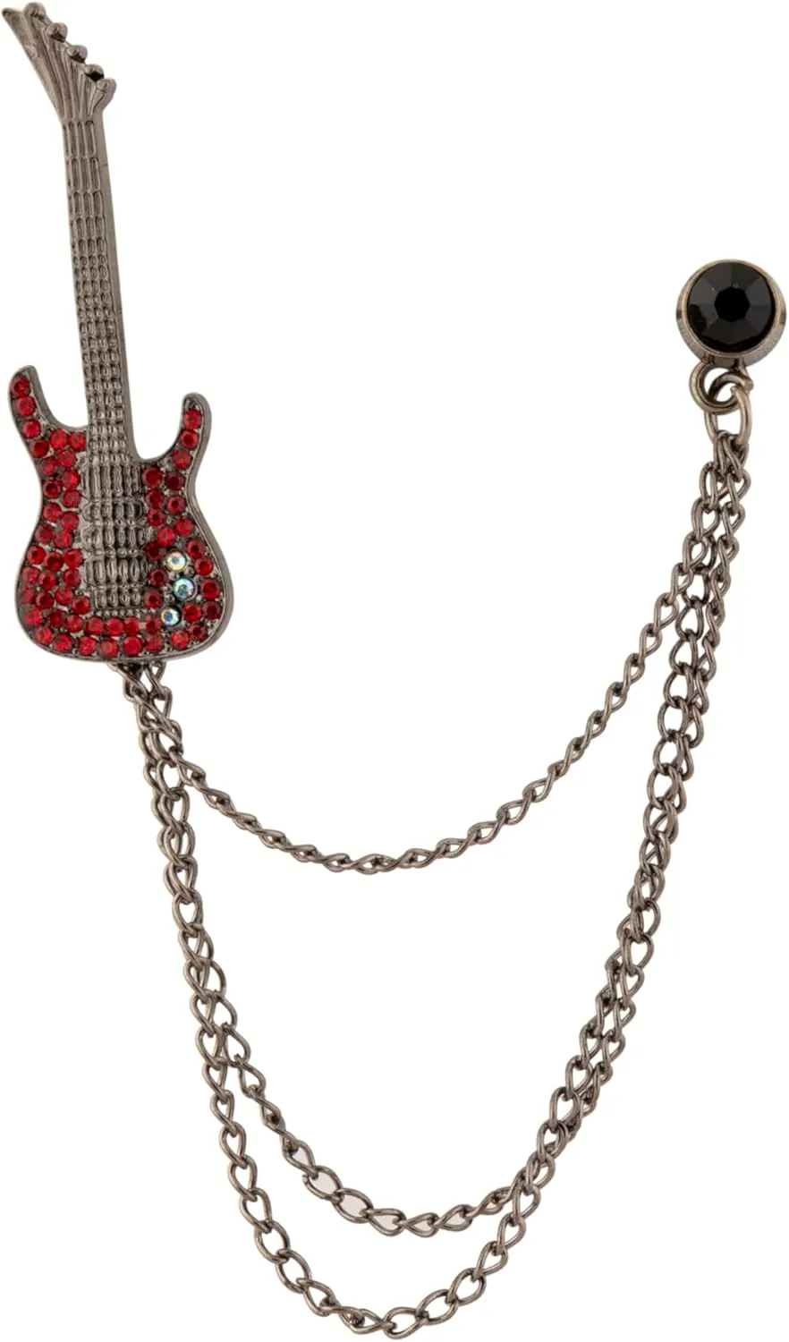 Knighthood Black & Red Studded Guitar Brooch with Red Stone Detailing & Layered Chains Lapel Pin for Men  Rock-Inspired Accessory for Suits and Jackets