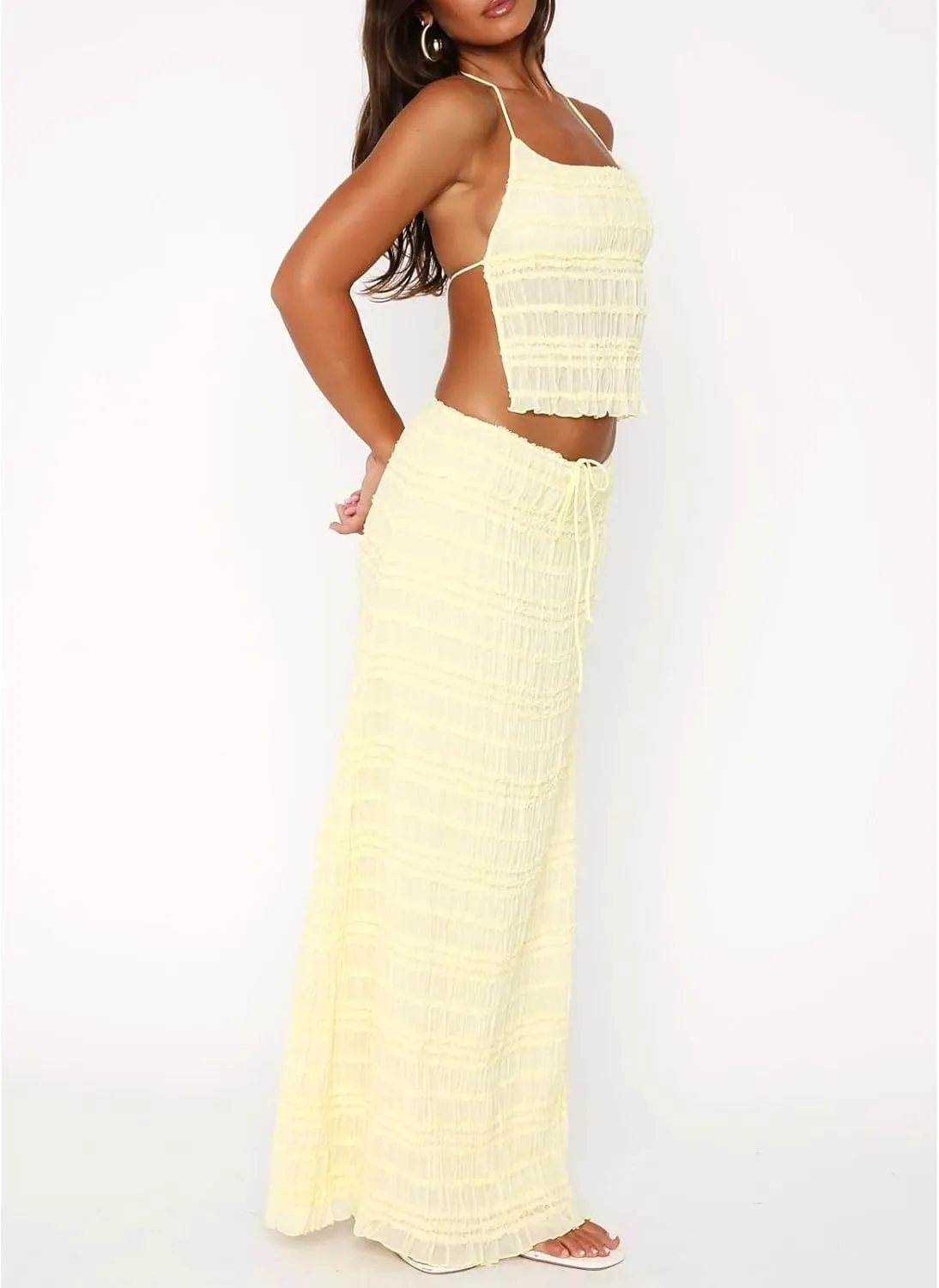 KOSUSANILL Women 2 Piece Maxi Skirt Set Flowy Ruffle Long Skirt Sexy Two Piece Outfit Open Back Crop Top Skirt Matching Sets
