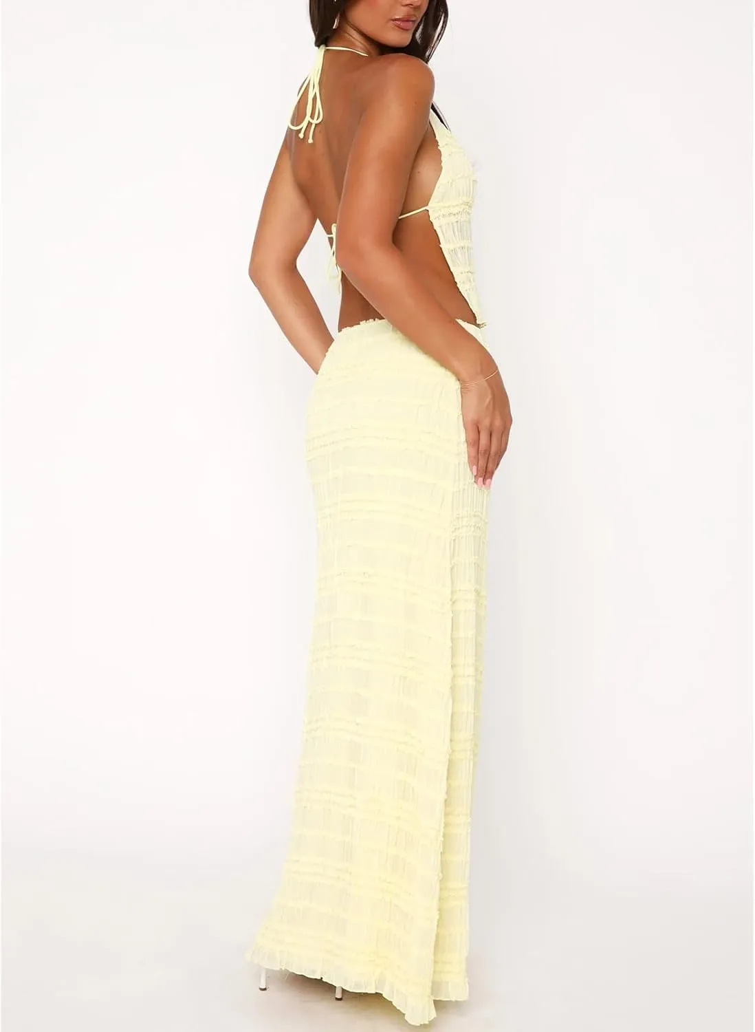 KOSUSANILL Women 2 Piece Maxi Skirt Set Flowy Ruffle Long Skirt Sexy Two Piece Outfit Open Back Crop Top Skirt Matching Sets