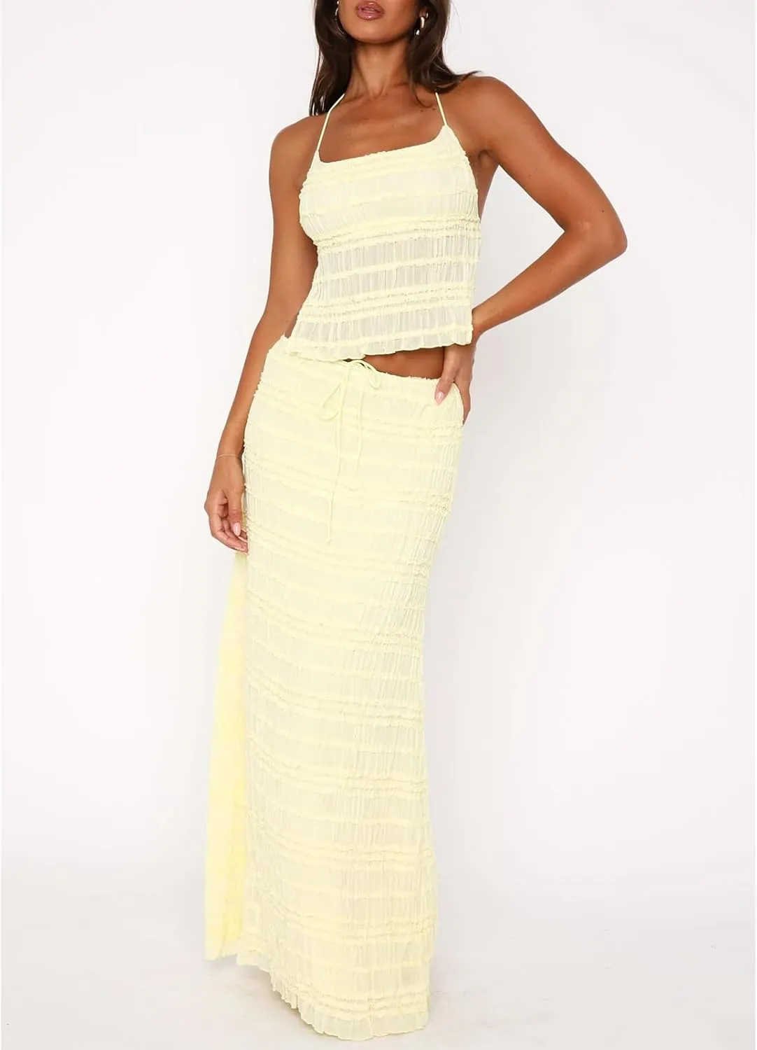 KOSUSANILL Women 2 Piece Maxi Skirt Set Flowy Ruffle Long Skirt Sexy Two Piece Outfit Open Back Crop Top Skirt Matching Sets