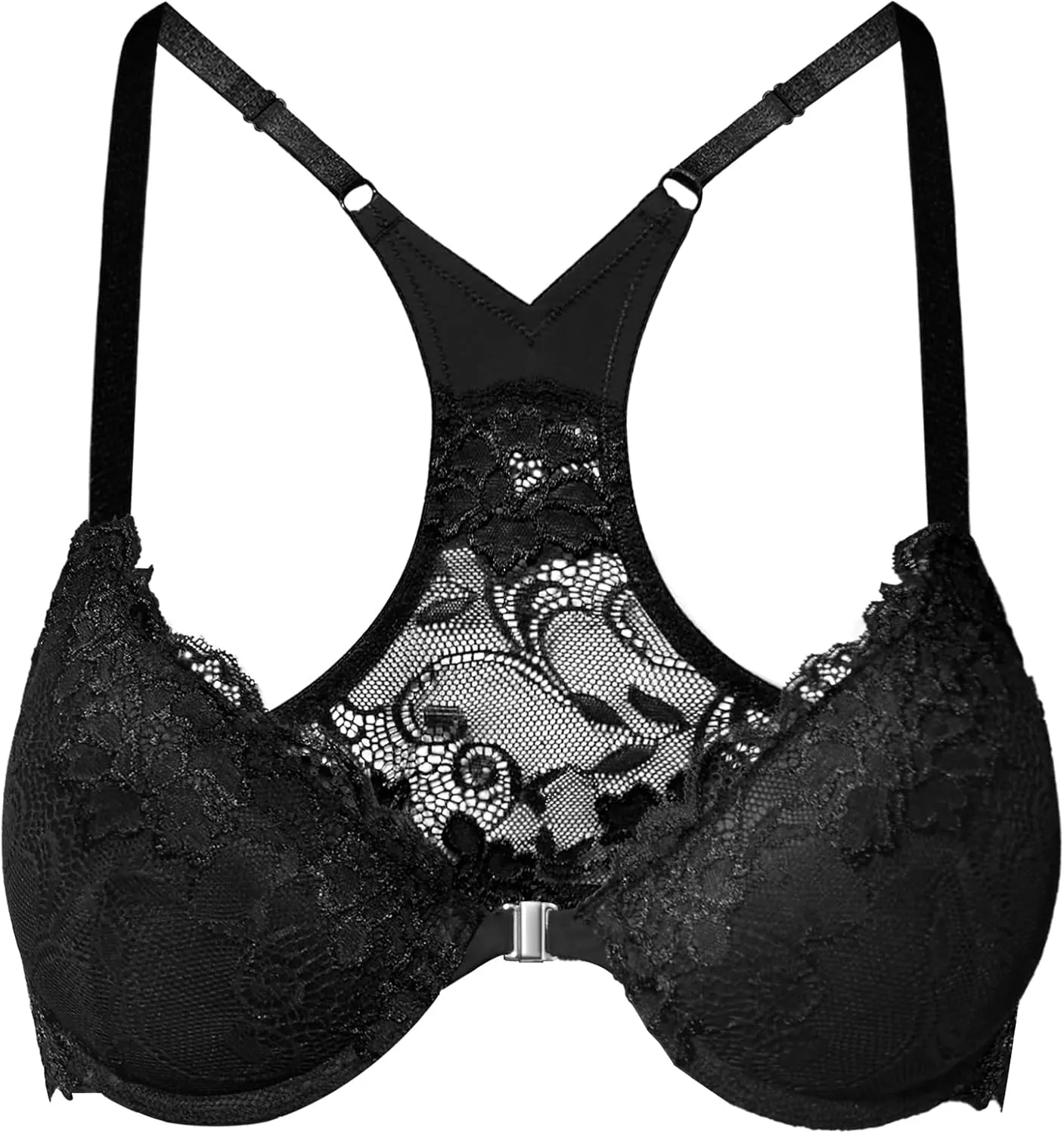 Lace Front Closure Bra Racerback Lightly Padded Underwire Plunge Demi Bras