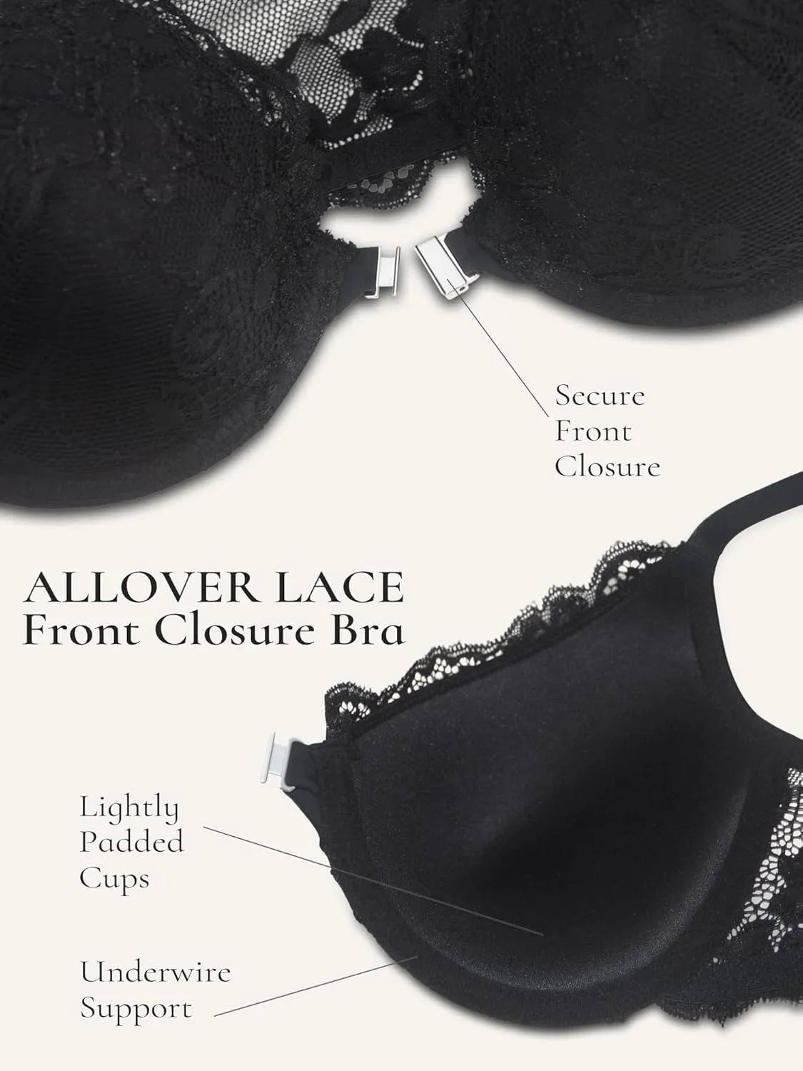 Lace Front Closure Bra Racerback Lightly Padded Underwire Plunge Demi Bras