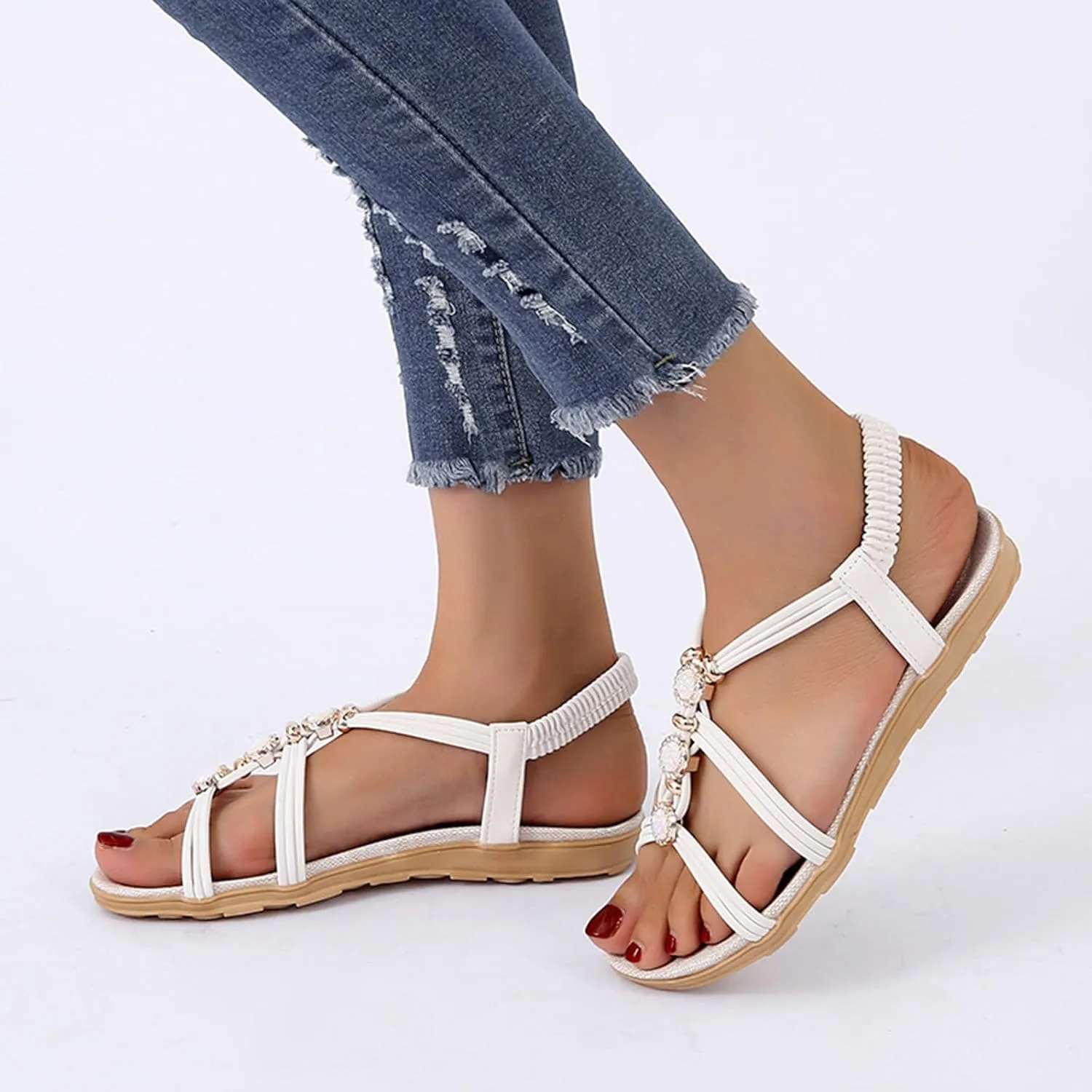 Ladies Fashion Suede Rhinestone Elastic Band Open Toe Flat Sandals Womens Clear Sandals