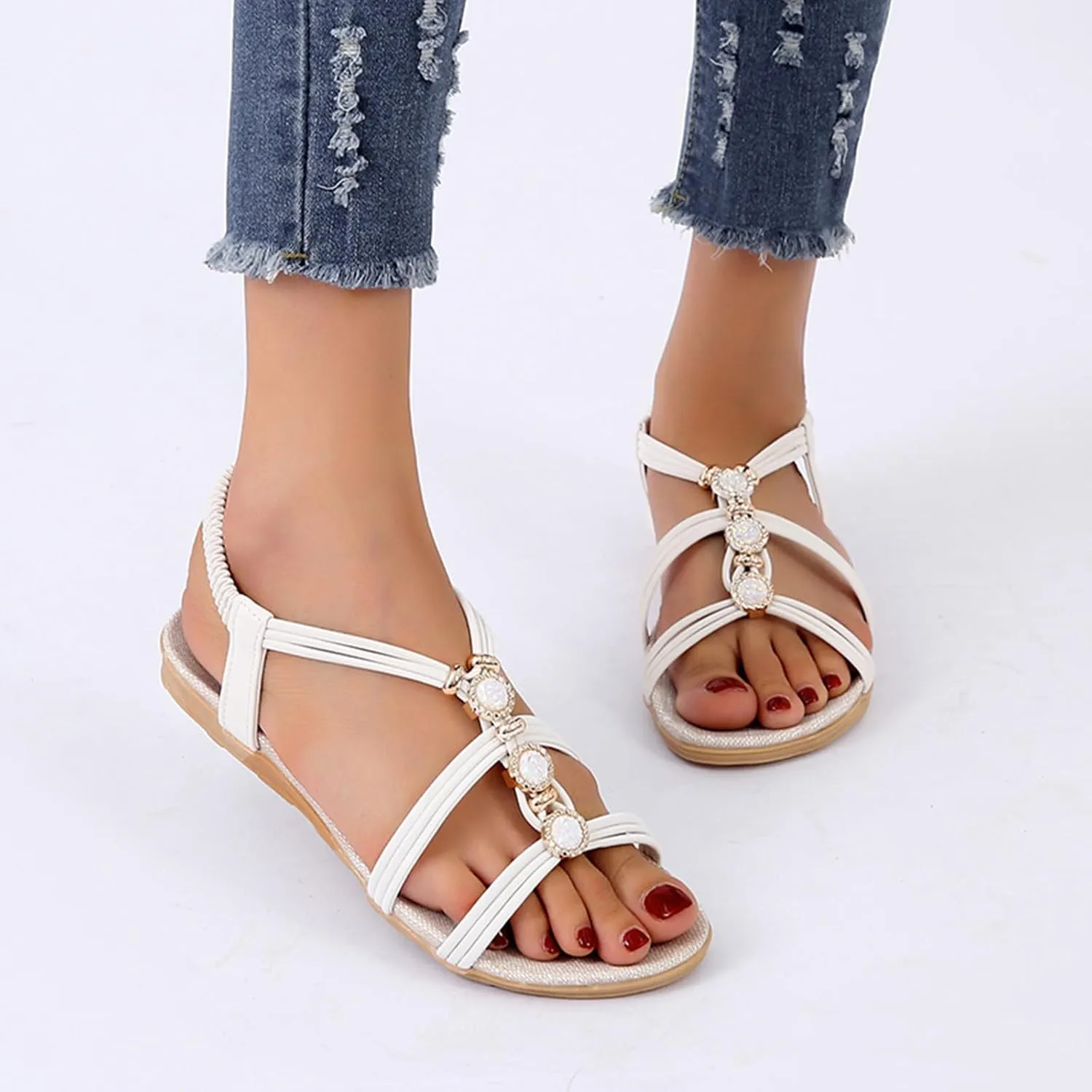 Ladies Fashion Suede Rhinestone Elastic Band Open Toe Flat Sandals Womens Clear Sandals