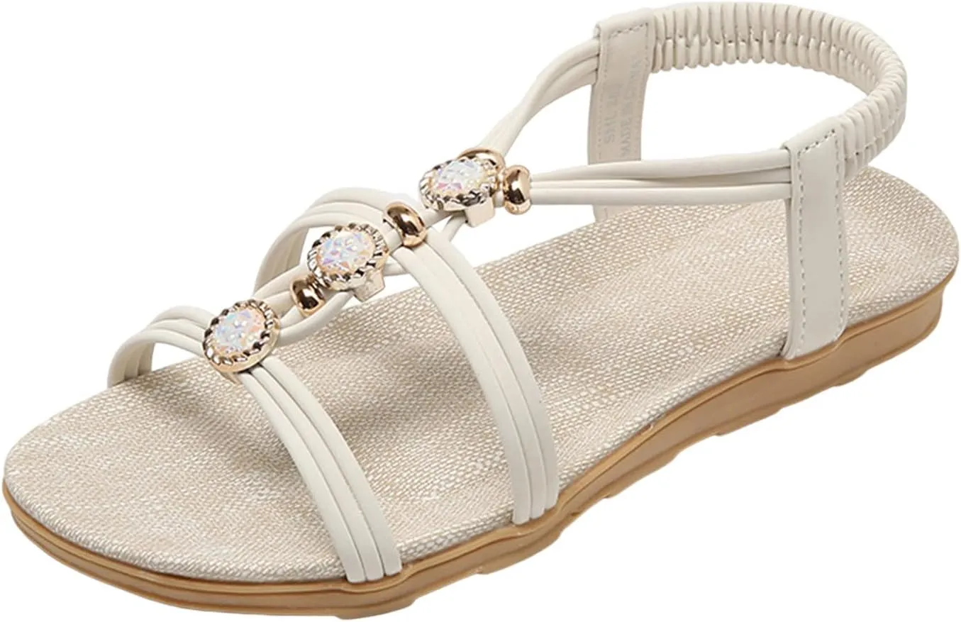 Ladies Fashion Suede Rhinestone Elastic Band Open Toe Flat Sandals Womens Clear Sandals