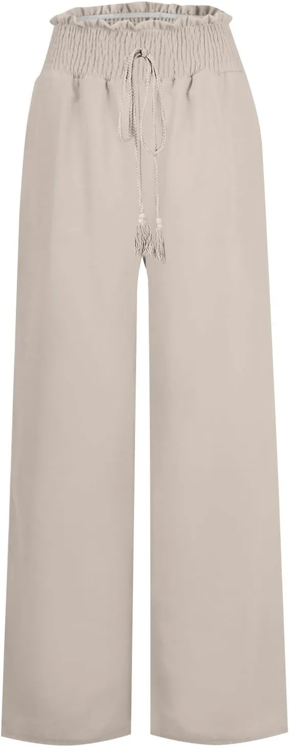 Ladies Linen Wide Leg Pants Elatic Waistband High Waisted Pants Summer Flowy Beach Pants Casual Dressy Work Palazzo Pants
