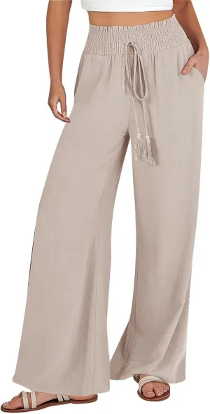 Ladies Linen Wide Leg Pants Elatic Waistband High Waisted Pants Summer Flowy Beach Pants Casual Dressy Work Palazzo Pants