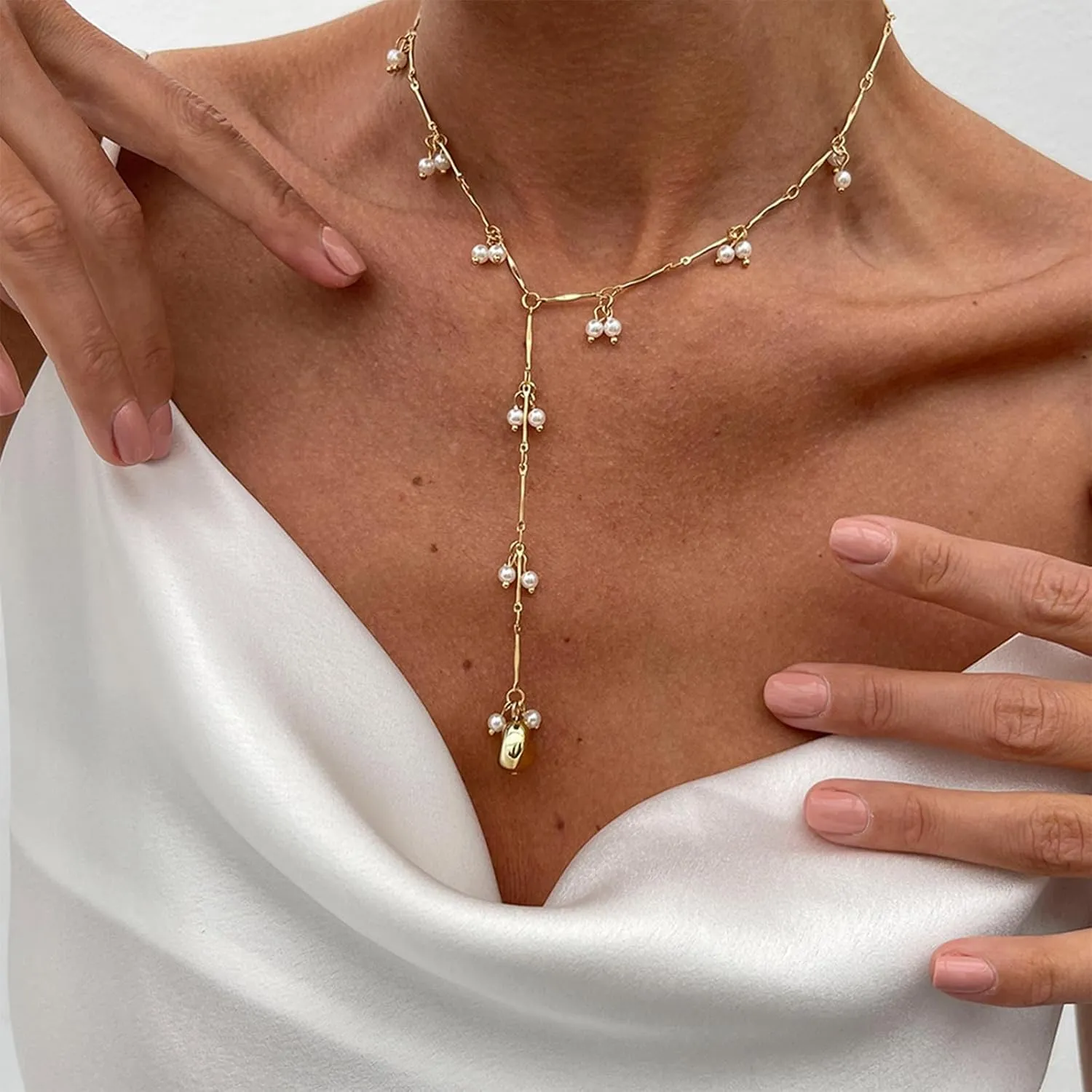 Lariat Necklace for Women Gold Long Necklaces for Women Dainty Drop Necklace Layered Beaded Twist Chain Y Shaped Necklaces