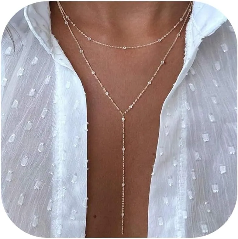 Lariat Necklace for Women Gold Long Necklaces for Women Dainty Drop Necklace Layered Beaded Twist Chain Y Shaped Necklaces