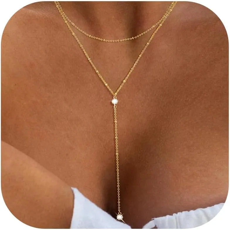 Lariat Necklace for Women Gold Long Necklaces for Women Dainty Drop Necklace Layered Beaded Twist Chain Y Shaped Necklaces