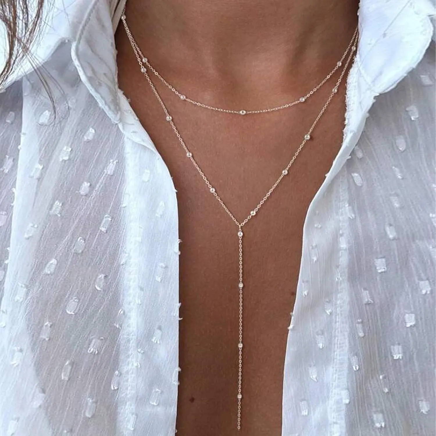 Lariat Necklace for Women Gold Long Necklaces for Women Dainty Drop Necklace Layered Beaded Twist Chain Y Shaped Necklaces