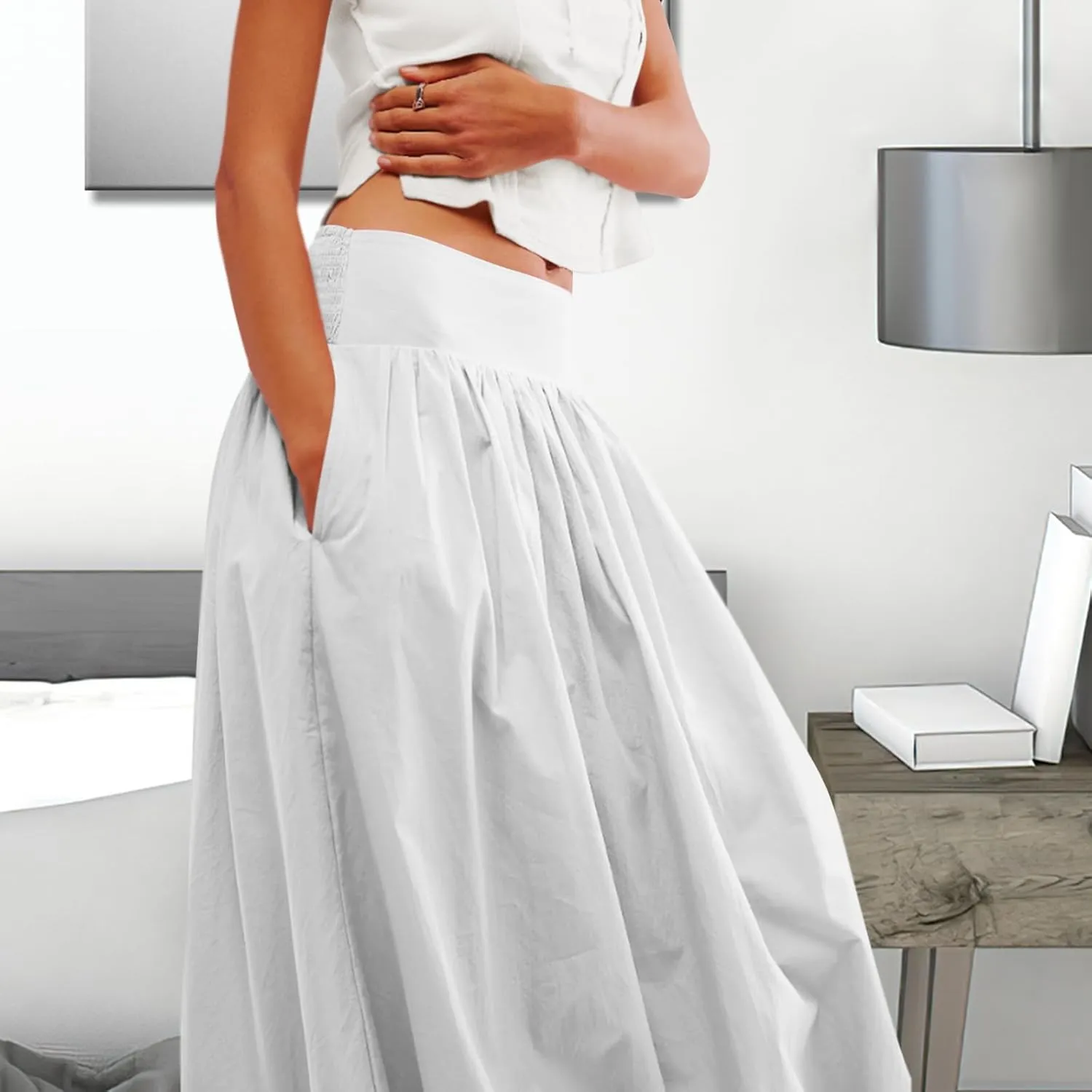 LAVASEON Women Ruffle Bubble Maxi Skirt Y2K High Elastic Waist A Line Pleated Summer Long Fair Skirt