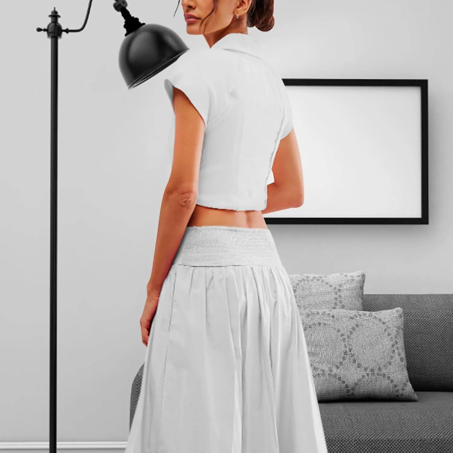 LAVASEON Women Ruffle Bubble Maxi Skirt Y2K High Elastic Waist A Line Pleated Summer Long Fair Skirt